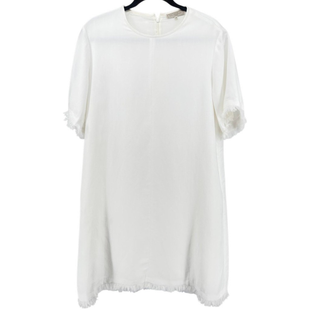 Antonelli Firenze White Linen Blend Frayed Trim Shift Dress IT 44 US 8-10 Italy